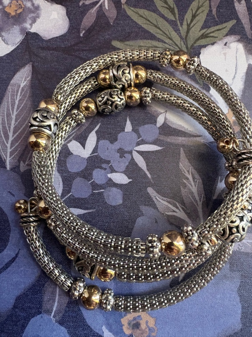 Two-Tone Silver and Gold Mesh Coil Bracelet Set